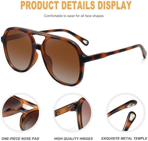 Polarized Aviator Sunglasses for Women Men UV400 Protection Trendy Sunglasses Double Bridge 70s Retro Vintage Aviators